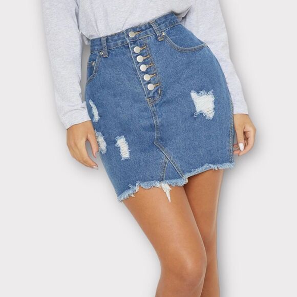 PrettyLittleThing Mid Wash Button Front Distressed Denim Skirt Size 6 - Picture 1 of 7